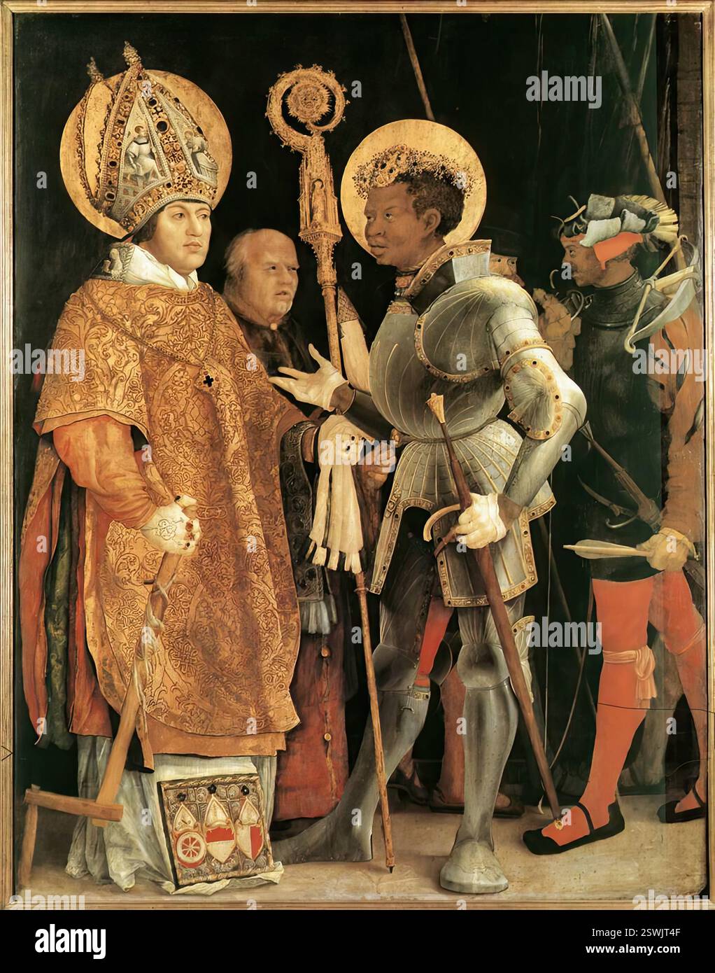 Grünewald, Mattia (1470/80, Würzburg, d. 1528, Halle) incontro di Sant'Erasmo e San Maurizio 1517-23 olio su legno, 226 x 176 cm alte Pinakothek, Monaco di Baviera Grünewald lavorò alla corte del Vescovo di Magonza, e dipinse questo pannello al laghetto del Vescovo di Halle. Alberto, vescovo di Brandeburgo, è raffigurato come Sant'Erasmo sul dipinto. --- parole chiave: --------------- Autore: Grünewald, Mattia titolo: Incontro di Sant'Erasmo e San Maurizio tempo-riga: 1501-1550 Scuola: Tedesco forma: Pittura tipo: Religioso Foto Stock