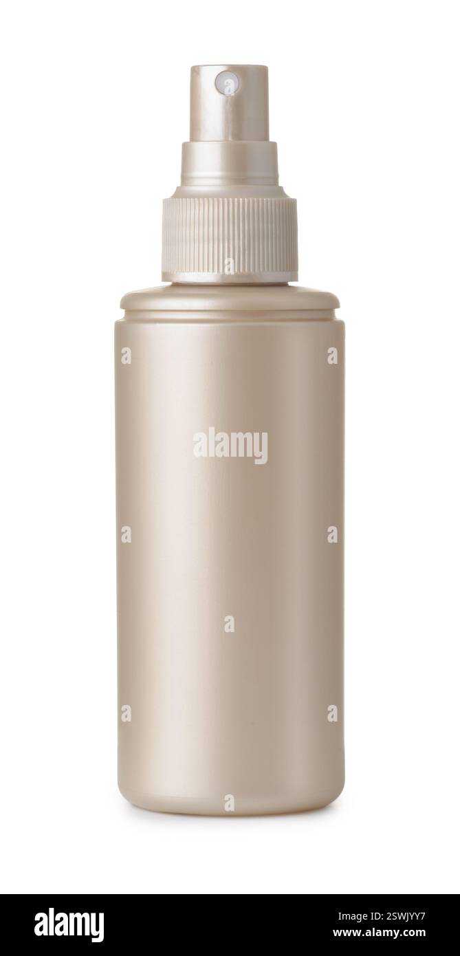 Vista frontale del flacone spray bianco in plastica beige isolato su bianco Foto Stock