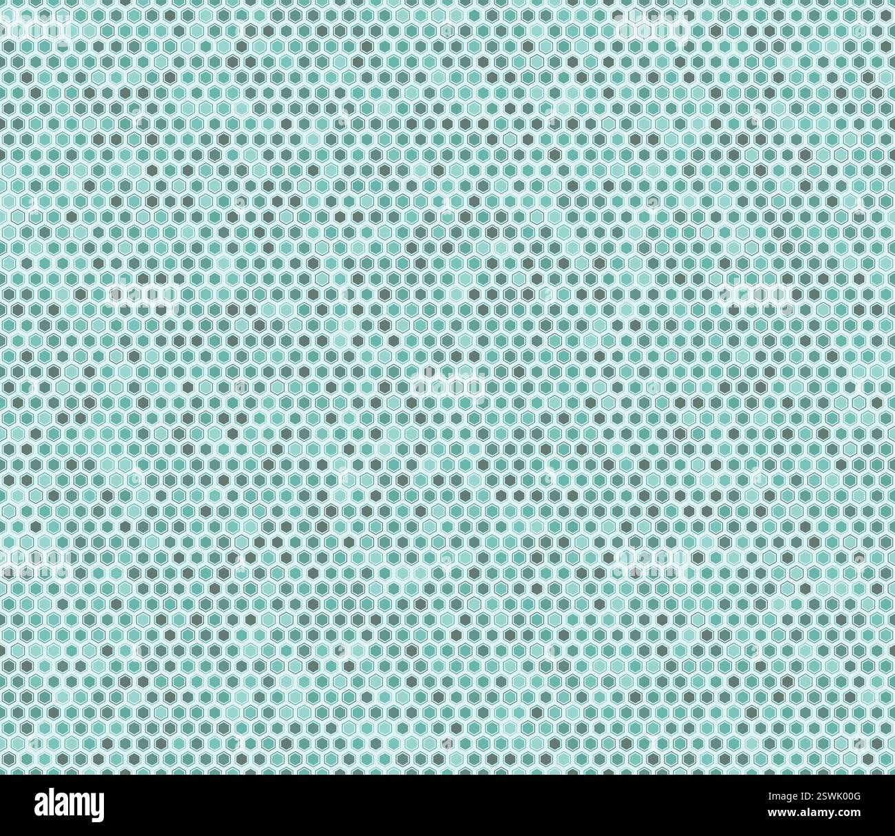Sfondo con motivo esagonale. Celle a mosaico esagonale con imbottitura e celle solide interne. Toni di colore verde. Piccole forme geometriche esagonali. Illustrazione Vettoriale