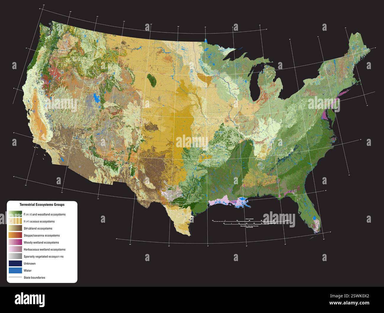 Ecosistemi terrestri degli Stati Uniti confinanti. Si prevede che si verifichino ambienti biofisici e distribuzioni note della vegetazione in base alla combinazione di bioclimato, biogeografia e geomorfologia. La mappa non mostra la distribuzione delle aree urbane e agricole. Foto Stock