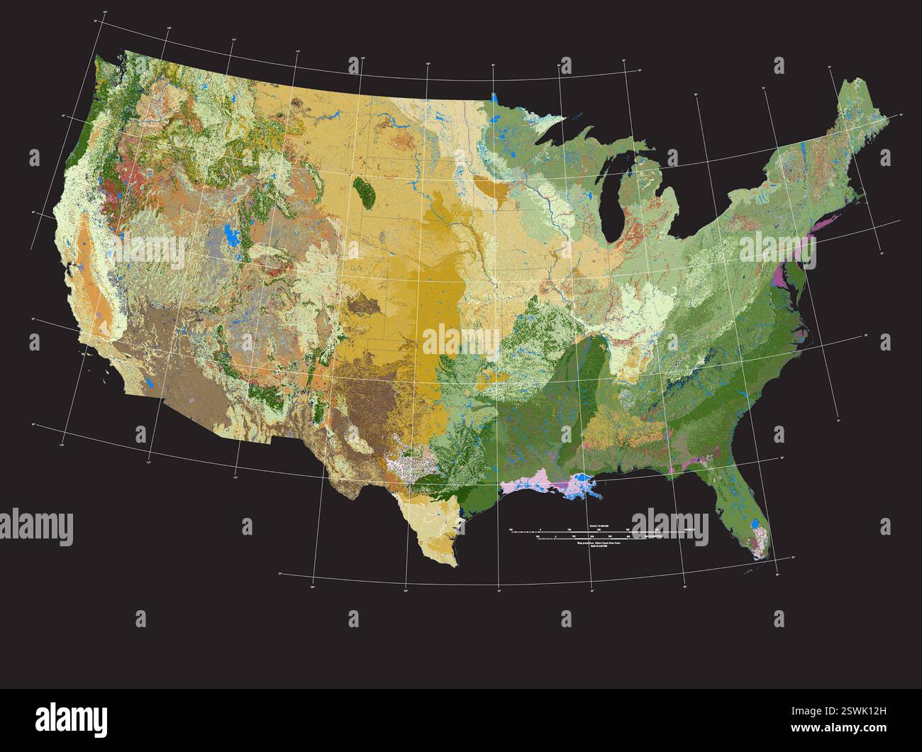 Ecosistemi terrestri degli Stati Uniti confinanti. Si prevede che si verifichino ambienti biofisici e distribuzioni note della vegetazione in base alla combinazione di bioclimato, biogeografia e geomorfologia. La mappa non mostra la distribuzione delle aree urbane e agricole. Foto Stock