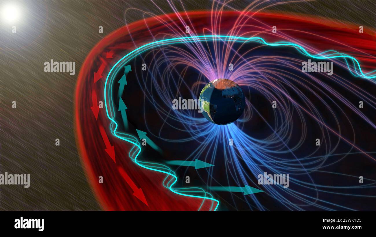 Illustrazione delle onde magnetosferiche della Terra, in azzurro. La magnetosfera è il campo magnetico che avvolge e protegge il pianeta dal vento solare, le particelle cariche che fluiscono dal sole. Nella parte anteriore della magnetosfera, le onde magnetiche sono ancora. Foto Stock