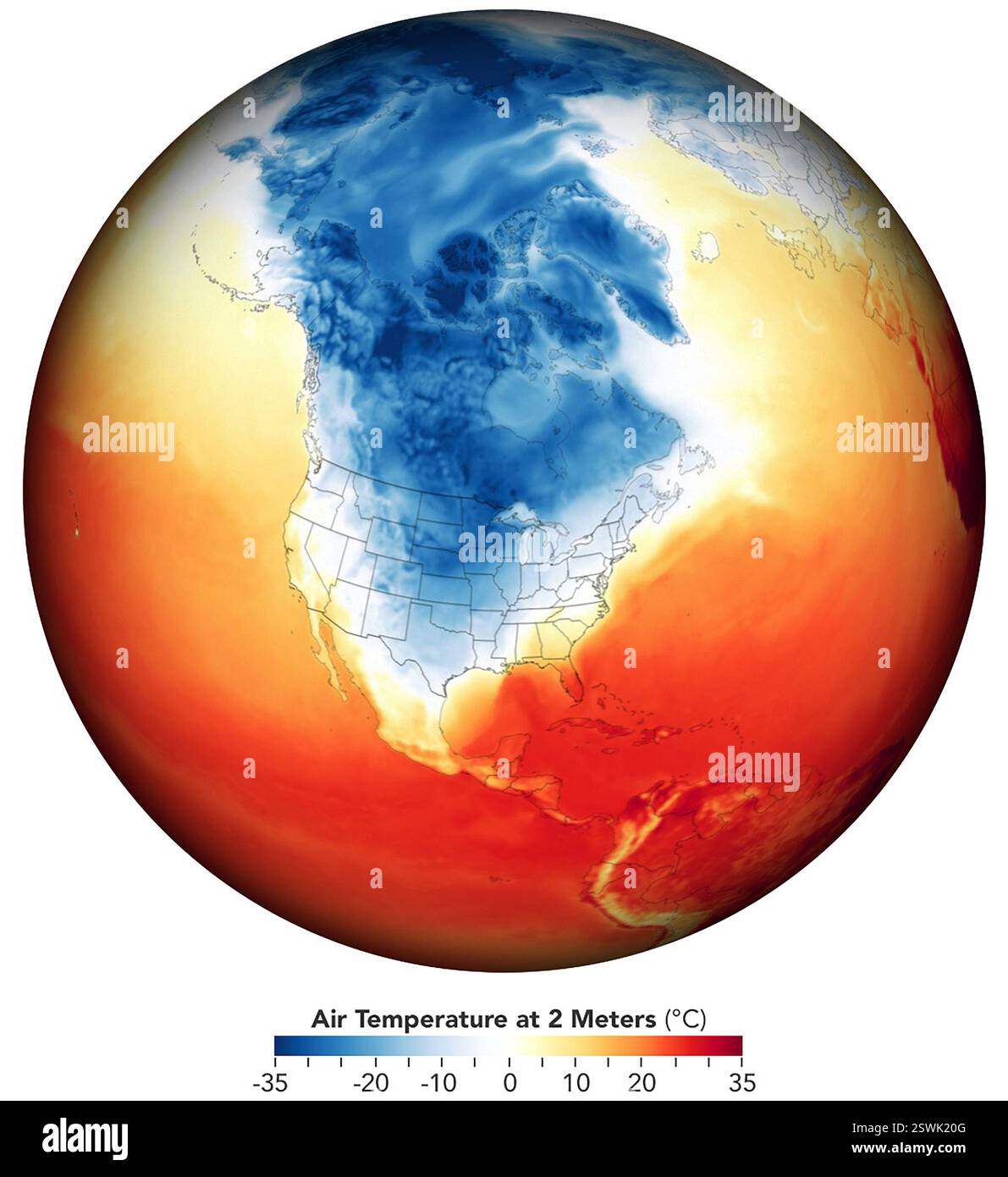 Nella seconda settimana di febbraio 2021, l'aria fredda dell'Artico si spinse verso sud, causando condizioni di congelamento per gran parte del Nord America. I dati derivati dai satelliti per questa mappa rappresentano le temperature dell'aria a 2 metri (circa 6,5 piedi) dal suolo il 15 febbraio 2021. Le aree blu più scure rappresentano temperature fino a 35¬ C (-31¬ F). I colori bianchi equivalgono a temperature intorno a 0¬ C (32¬ F). Foto Stock