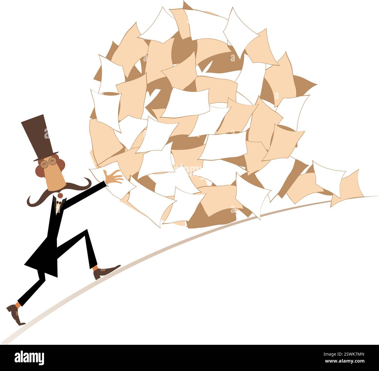 Un uomo che lavora sodo nel concetto di cappello. Mucchio, palla di carte. Uomo d'affari che tira una grande palla di documenti. Isolato su sfondo bianco Illustrazione Vettoriale