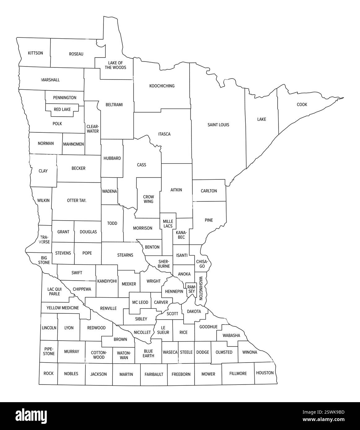 Stato del Minnesota suddiviso in 87 contee, mappa di contorno. Stato nella regione del Midwest superiore degli Stati Uniti, soprannominato North Star State. Foto Stock