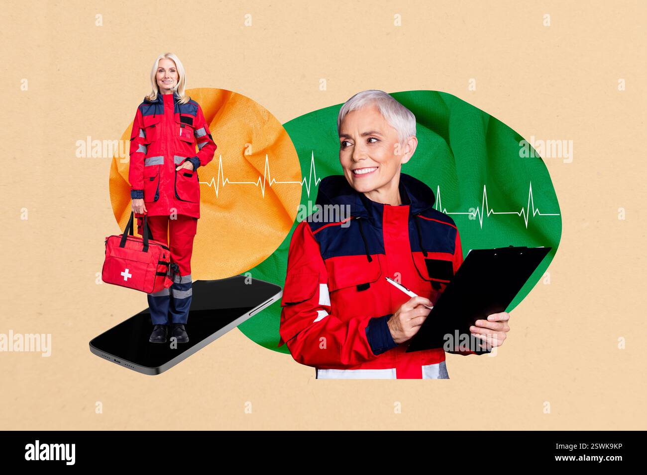 Grafica di tendenza collage di foto composito progettazione di cura del medico medico medico medico di malattia ospedale donna anziana team stand smartphone tenere appunti Foto Stock