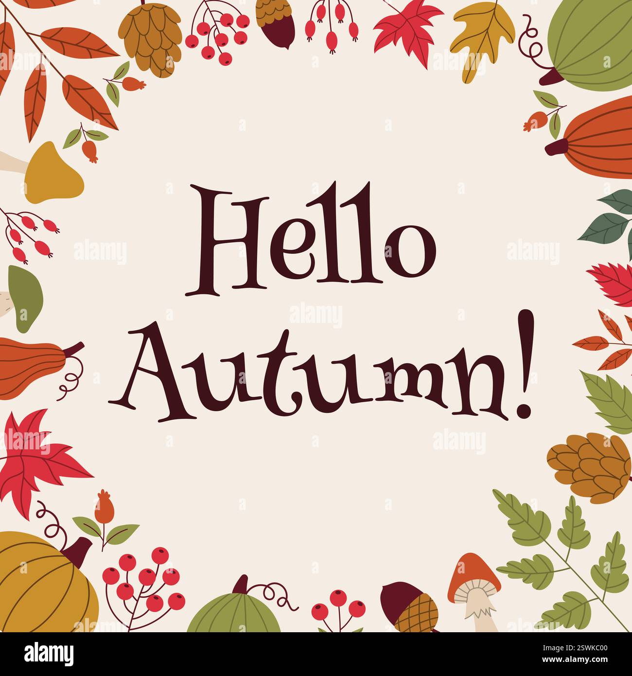 Cornice rotonda decorativa autunnale, modello con elementi autunnali: Foglie, zucche, coni, noci, frutti di bosco. Buongiorno biglietto d'autunno in stile piatto. Illustrazione Vettoriale