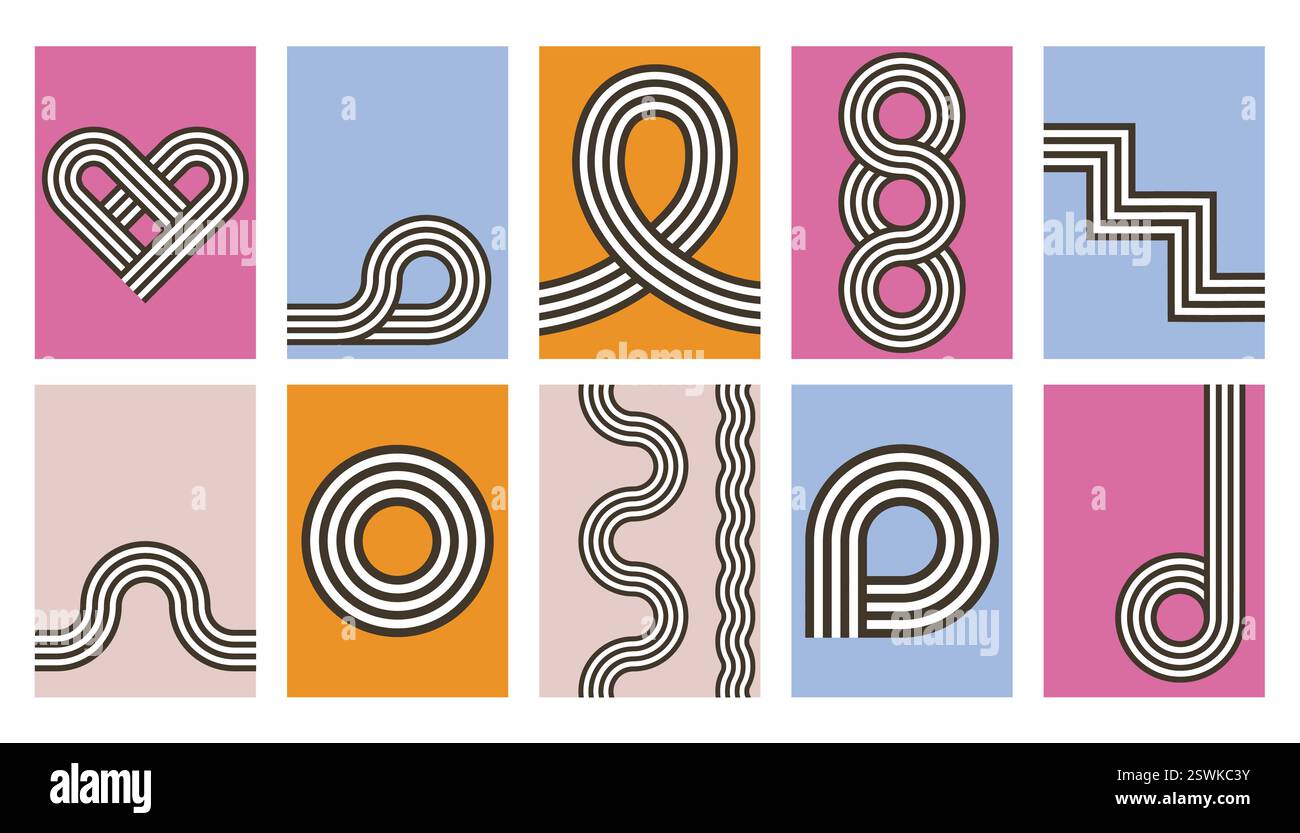 Decorazioni in stile Bauhaus. Decorazioni geometriche stampabili per la casa. Poster retrò con forme geometriche Bauhaus a righe nordiche. Illustrazione Vettoriale