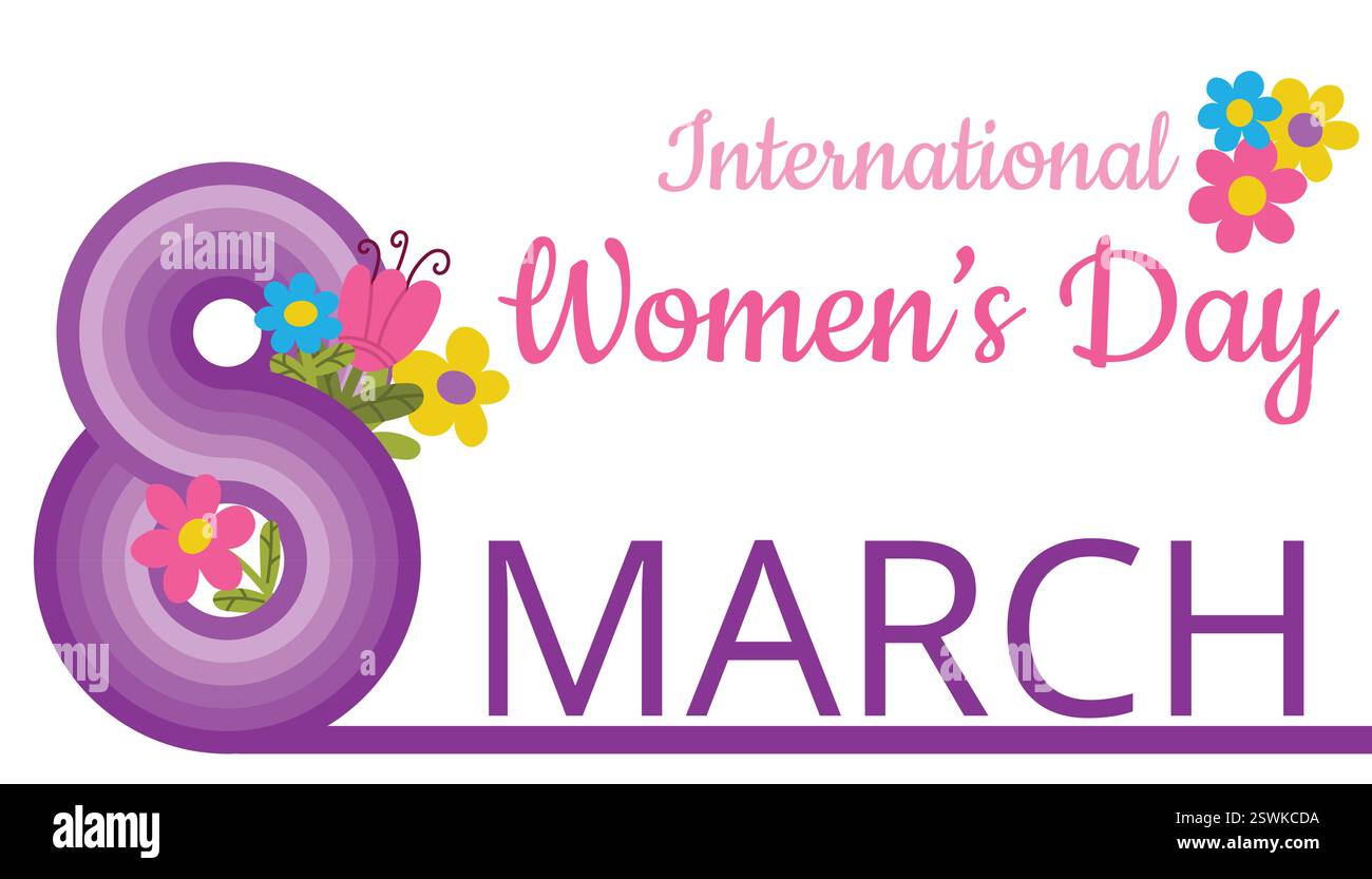 8 marzo, Happy International Women's Day Greeting card. Design a righe numero 8 con fiori. Illustrazione Vettoriale
