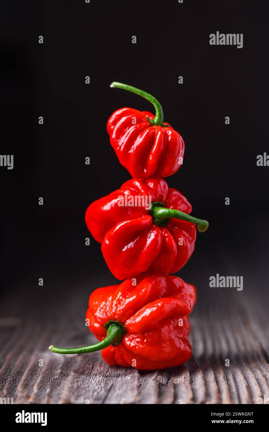 Tre peperoni habanero rossi stagionati (capsicum chinense) su tavola di legno. Peperoni messicani molto caldi su un rustico tavolo di legno da vicino Foto Stock