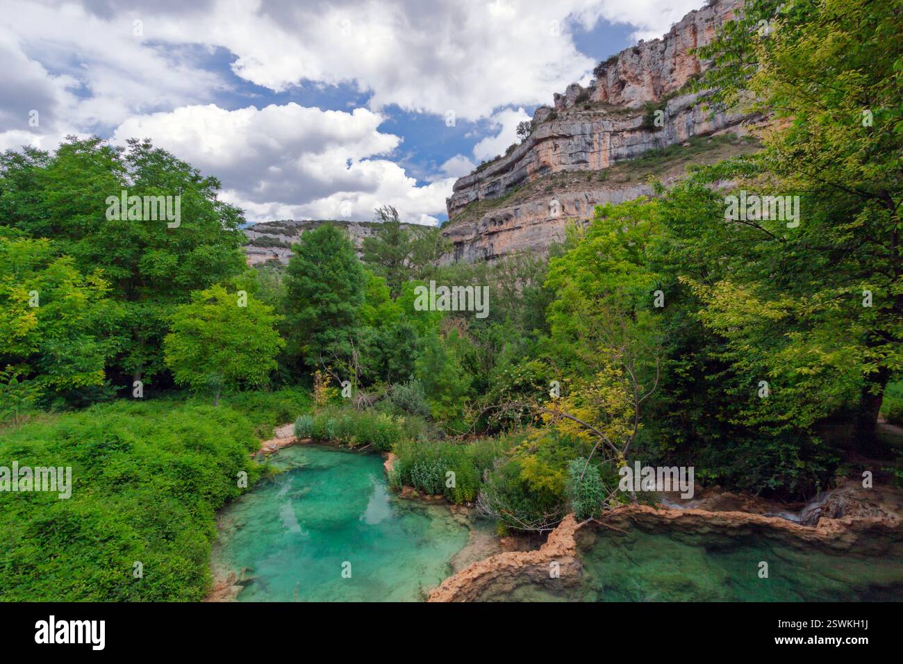 Paesaggio carsico, punto di interesse geologico, Parco naturale Hoces del alto Ebro y Rudron, Orbaneja del Castillo, Villaggio medievale. Burgos, Spagna Foto Stock