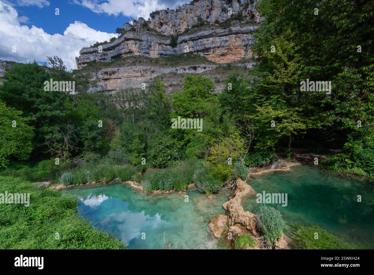 Paesaggio carsico, punto di interesse geologico, Parco naturale Hoces del alto Ebro y Rudron, Orbaneja del Castillo, Villaggio medievale. Burgos, Spagna Foto Stock