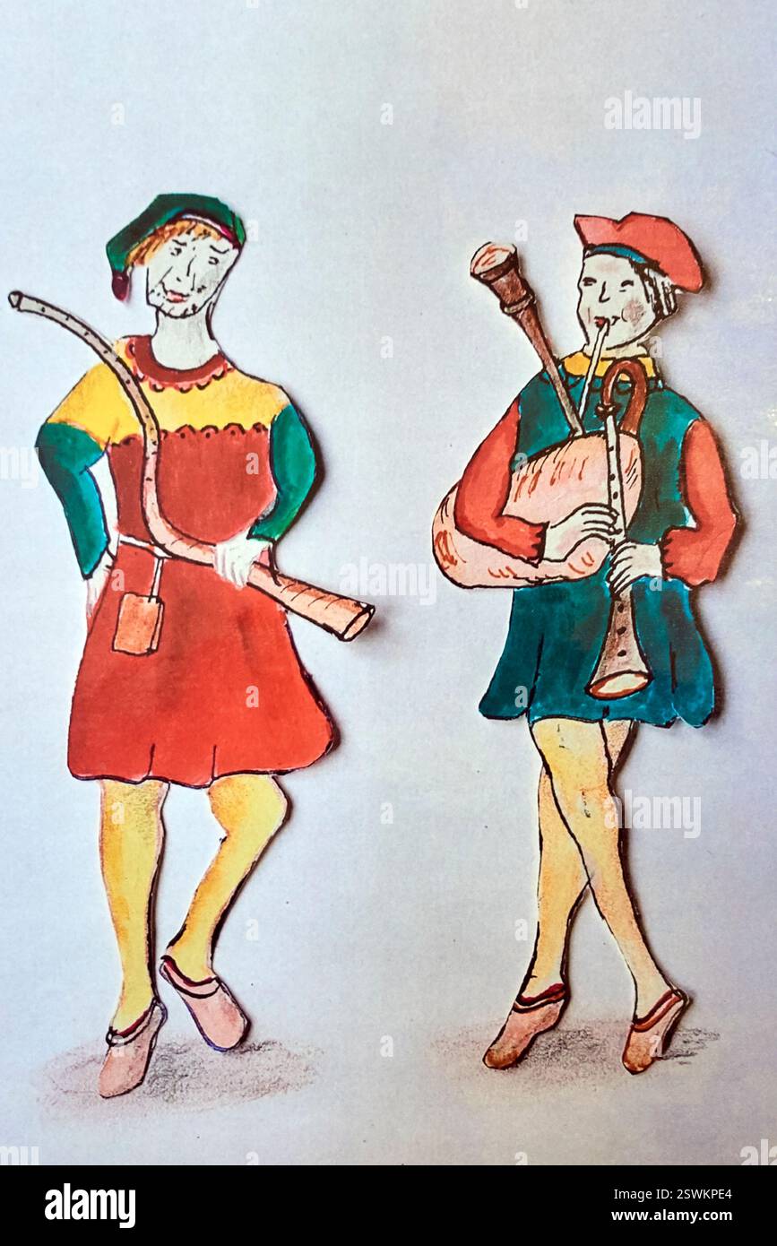 Arte medievale. Illustrazione di musicisti medievali che suonano cornetto e cornamusa. Inghilterra, Regno Unito Foto Stock
