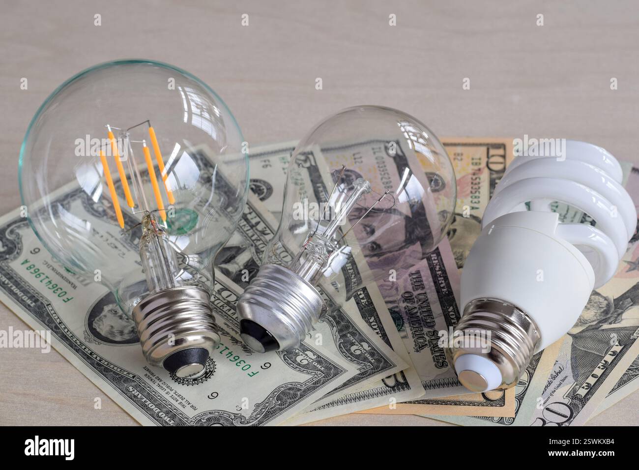 Tre tipi di lampadine oltre al denaro di carta americano, concetto di scelta per il risparmio energetico Foto Stock