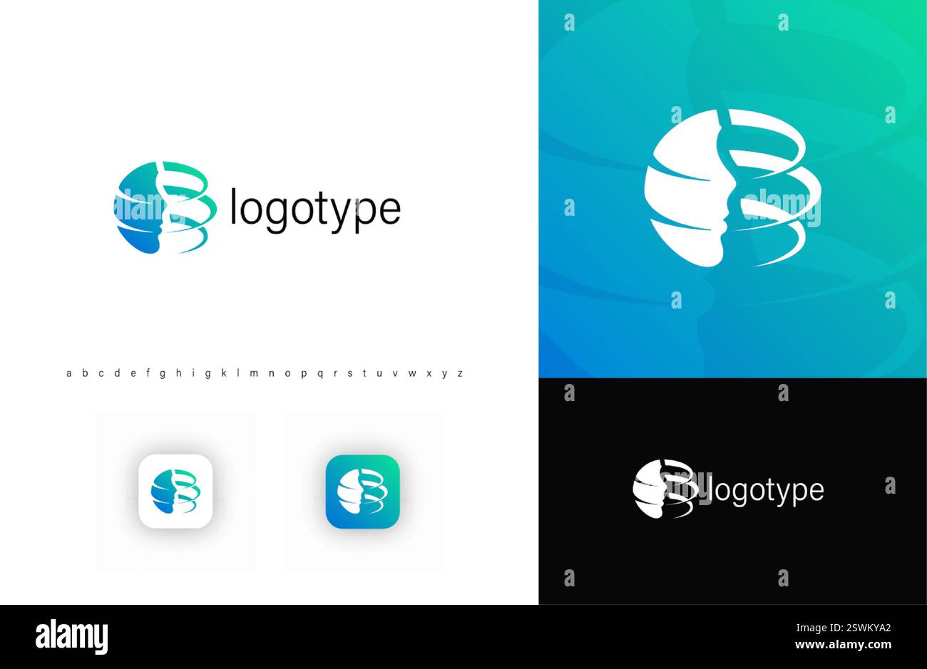 Profilo logo volto umano integrato con elemento a spirale, simboleggia l'intelligenza, la psicologia. Perfetto per servizi di salute mentale, bellezza, benessere Illustrazione Vettoriale