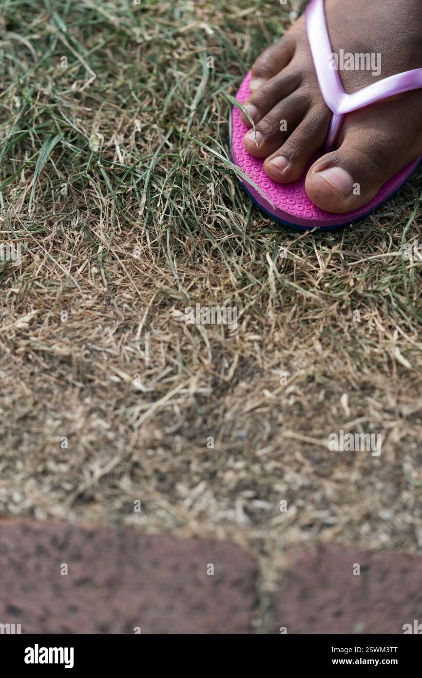 I piedi dei bambini in infradito rosa su erba asciutta vicino al bordo di un mattone. Probabilmente un parco. Foto Stock