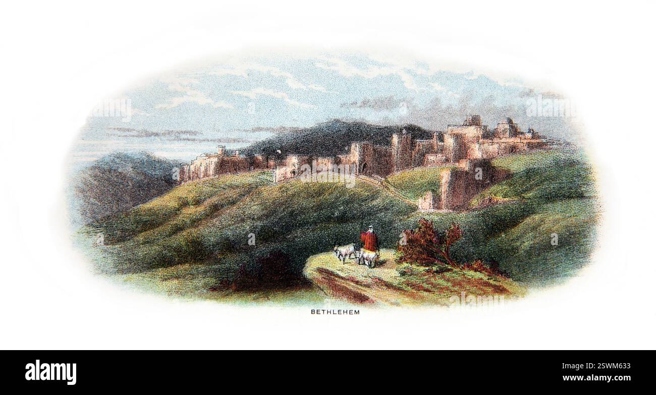 Illustrazione della città biblica di Betlemme dal vecchio e nuovo Testamento dall'Antica Sacra Bibbia del XIX secolo Foto Stock