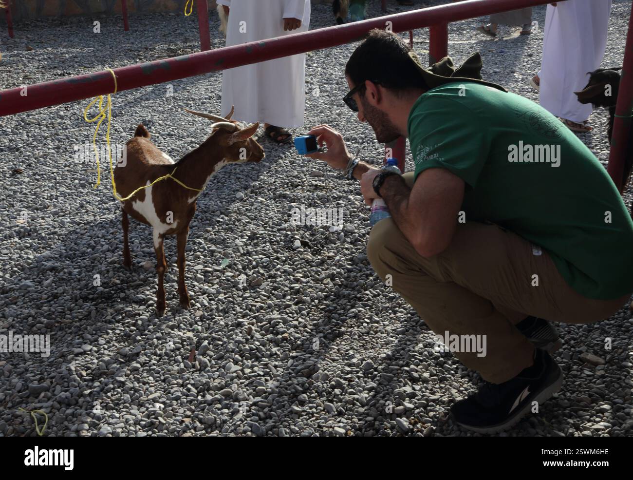 Turista che utilizza la mini fotocamera GoPro per fotografare un capretto al mercato del bestiame Nizwa a Nizwa Oman Foto Stock