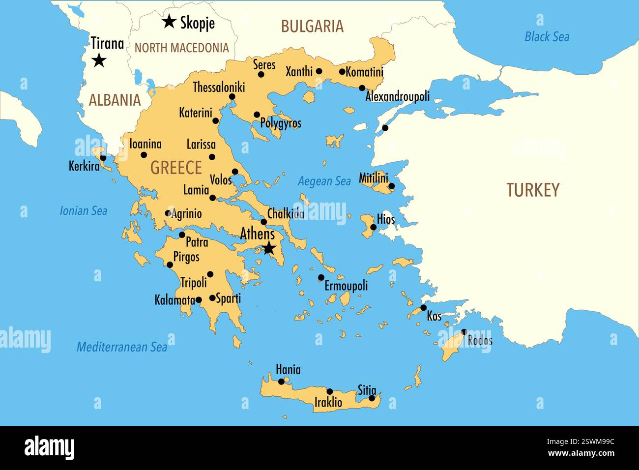 Mappa della Grecia con le principali città e i paesi vicini – illustrazione infografica Foto Stock