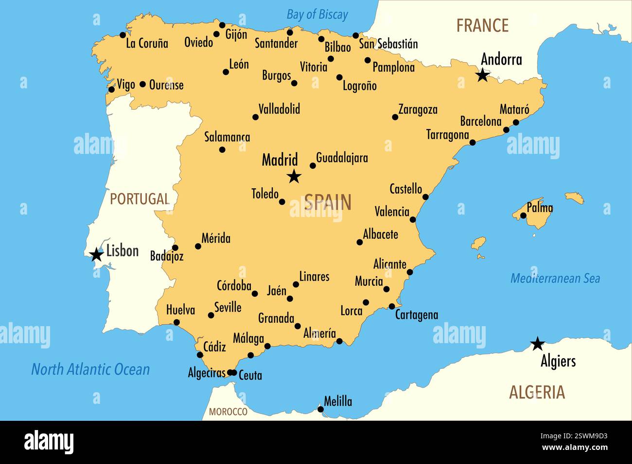 Mappa della Spagna con le principali città e i paesi vicini – illustrazione infografica Foto Stock