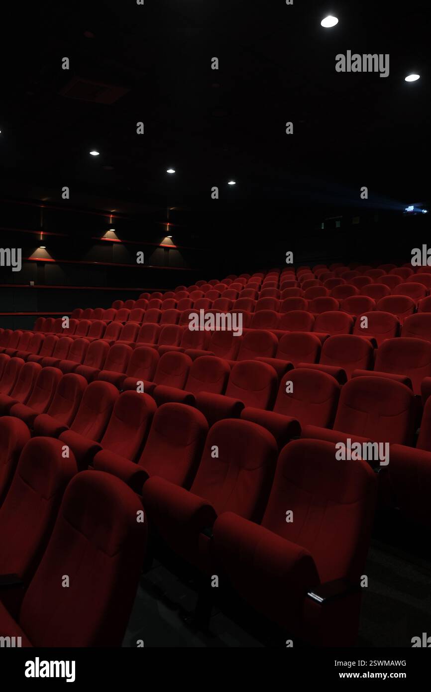 File di posti a sedere rossi vuoti in un teatro buio pronti per il pubblico posti vuoti attendono l'inizio dello spettacolo Foto Stock