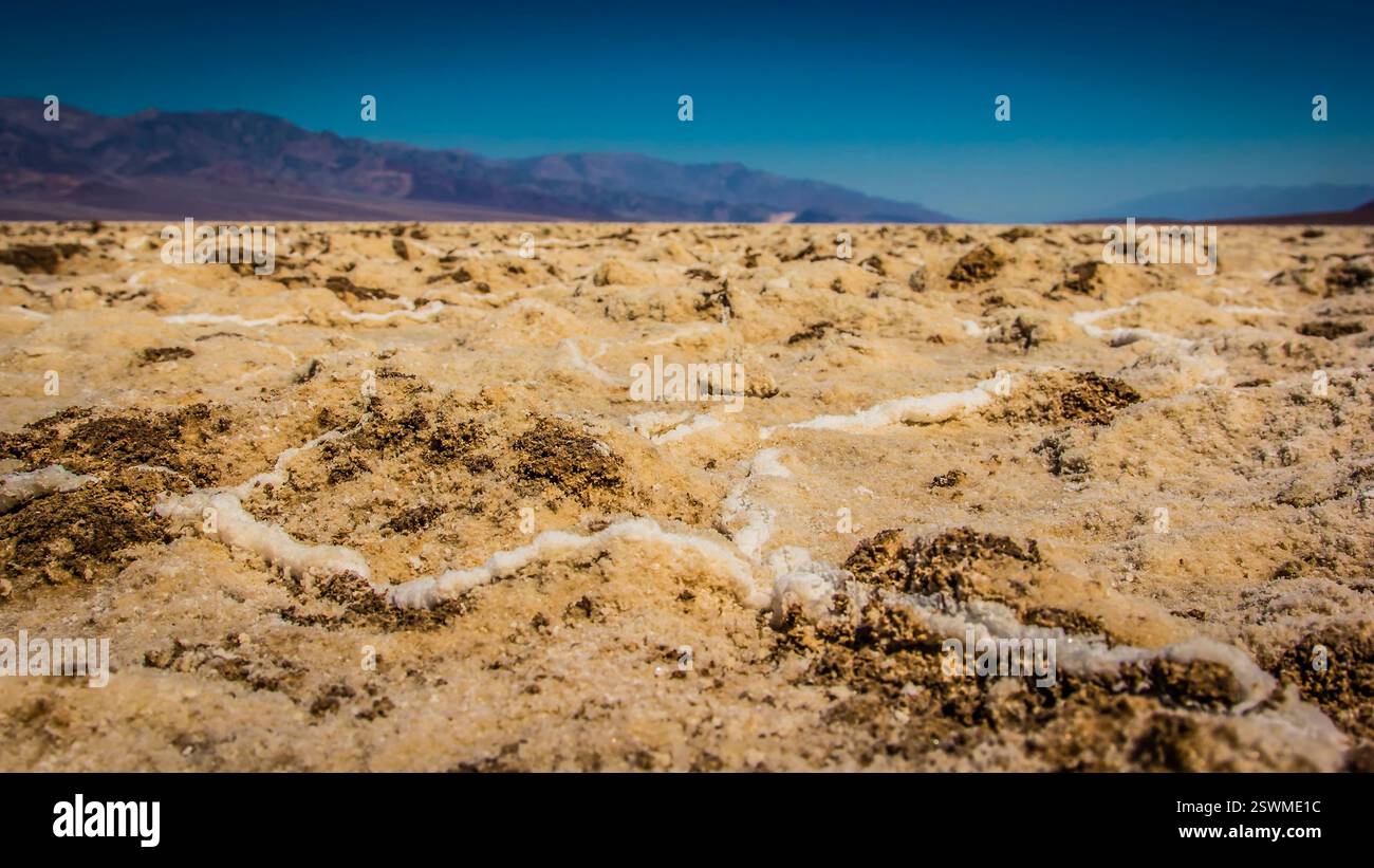 Paesaggio desertico con un cielo blu sullo sfondo. Il terreno è ricoperto di sabbia e rocce Foto Stock