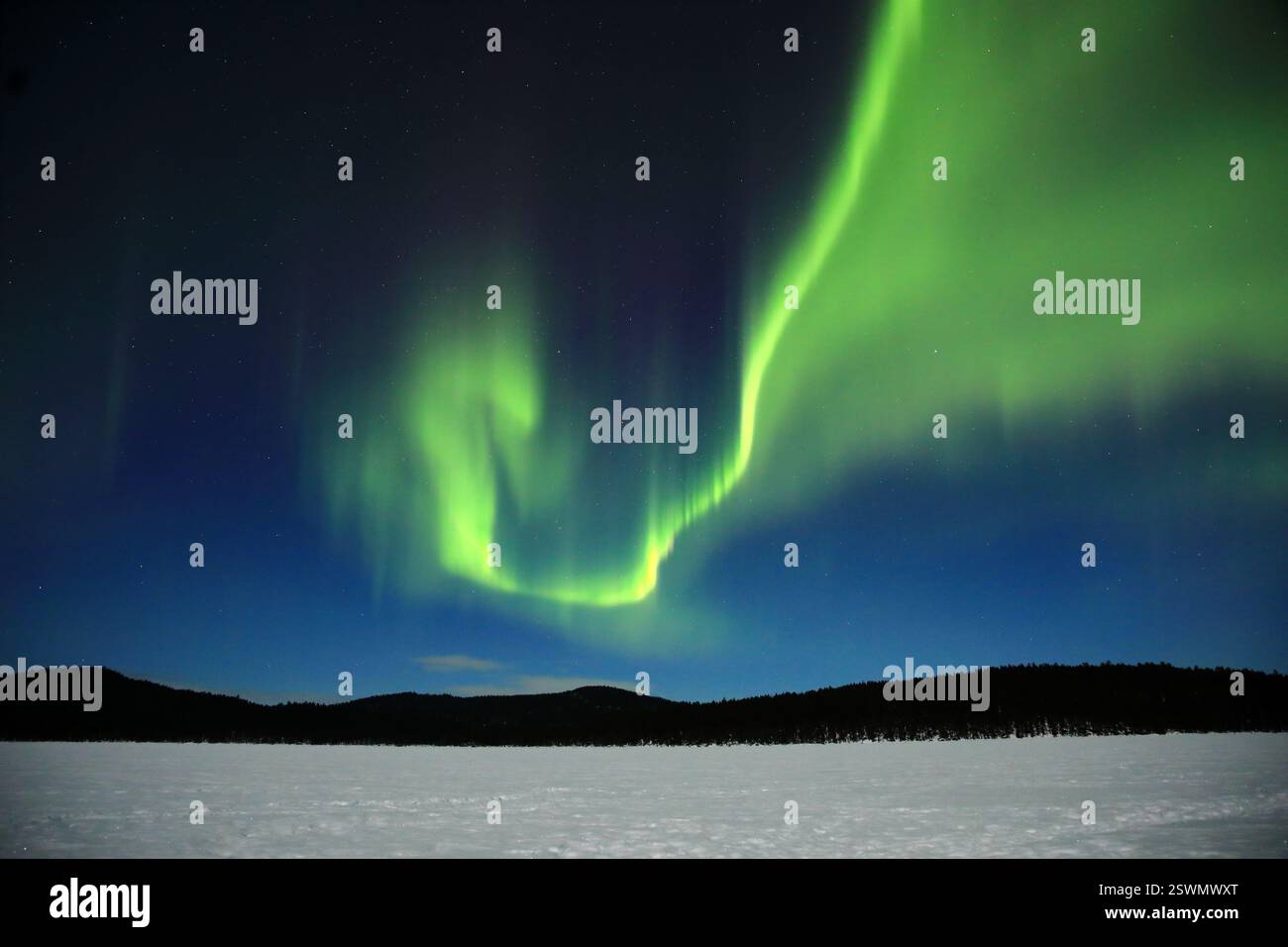 Aurora boreale vista sul lago Inari, Finlandia settentrionale Foto Stock