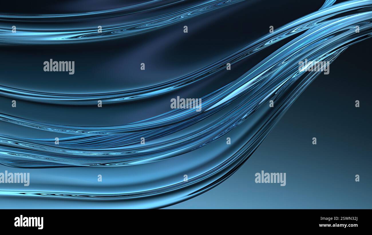 Piatto ondulato in vetro blu di bellezza moderna creata con curve delicate su sfondo scuro elegante e moderno sfondo 3D Rendering astratto alta qualità 3 Foto Stock