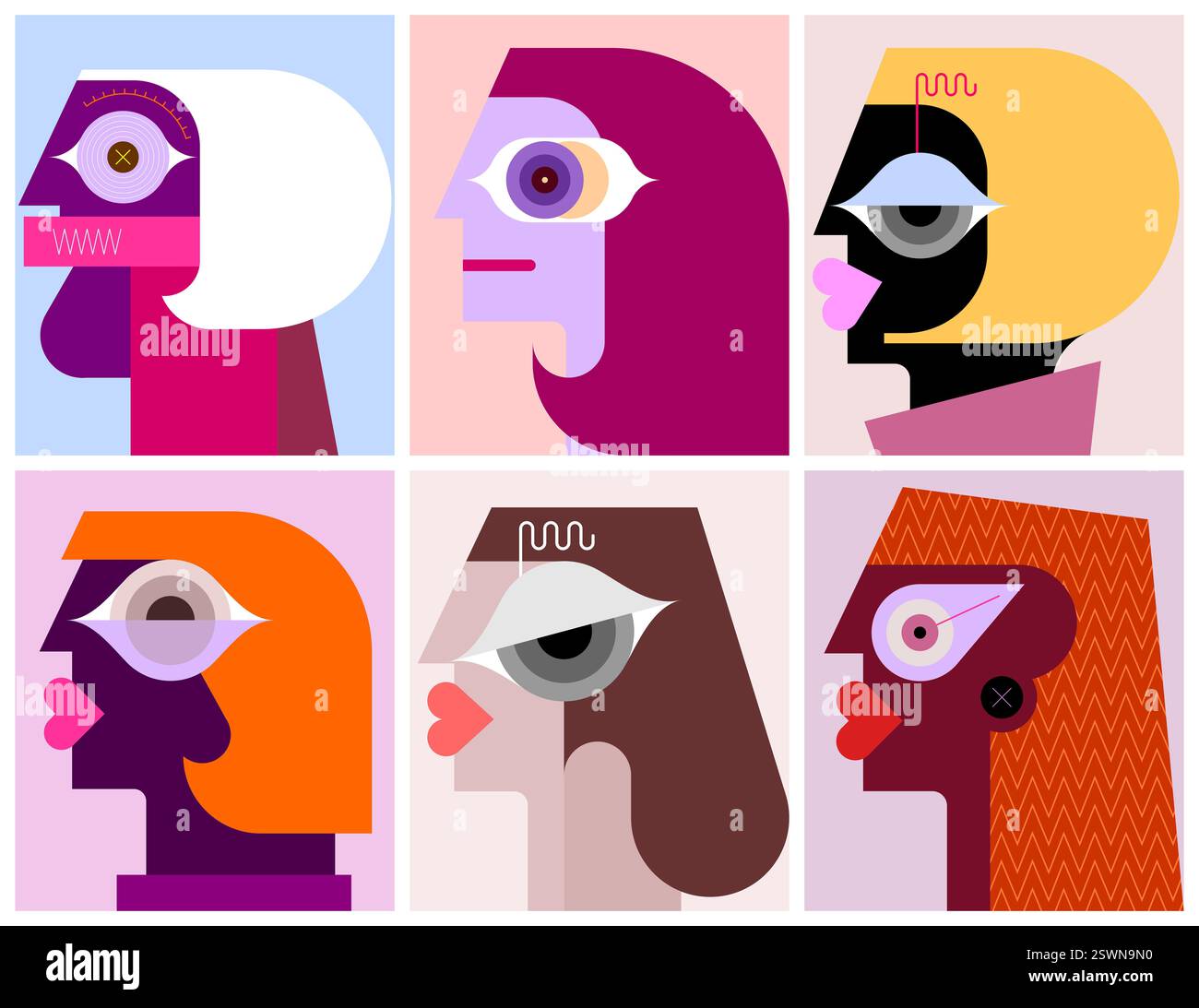 Sei ritratti d'arte moderna di adulti diversi, illustrazione vettoriale. Foto Stock