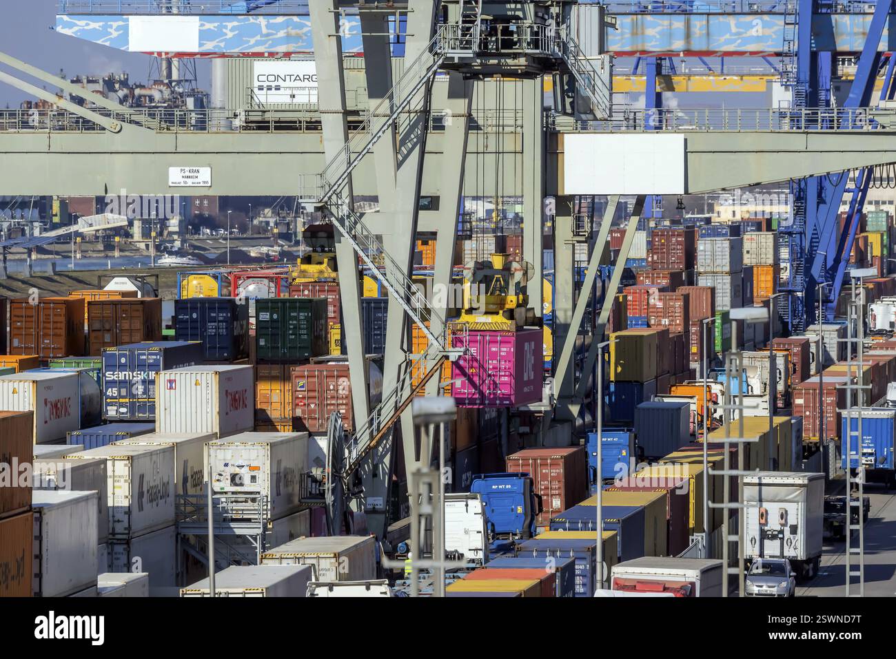 Il porto di Mannheim è uno dei più importanti porti interni e terminal per container d'Europa. I container marittimi sono impilati sotto le gru a cavalletto in attesa di Foto Stock