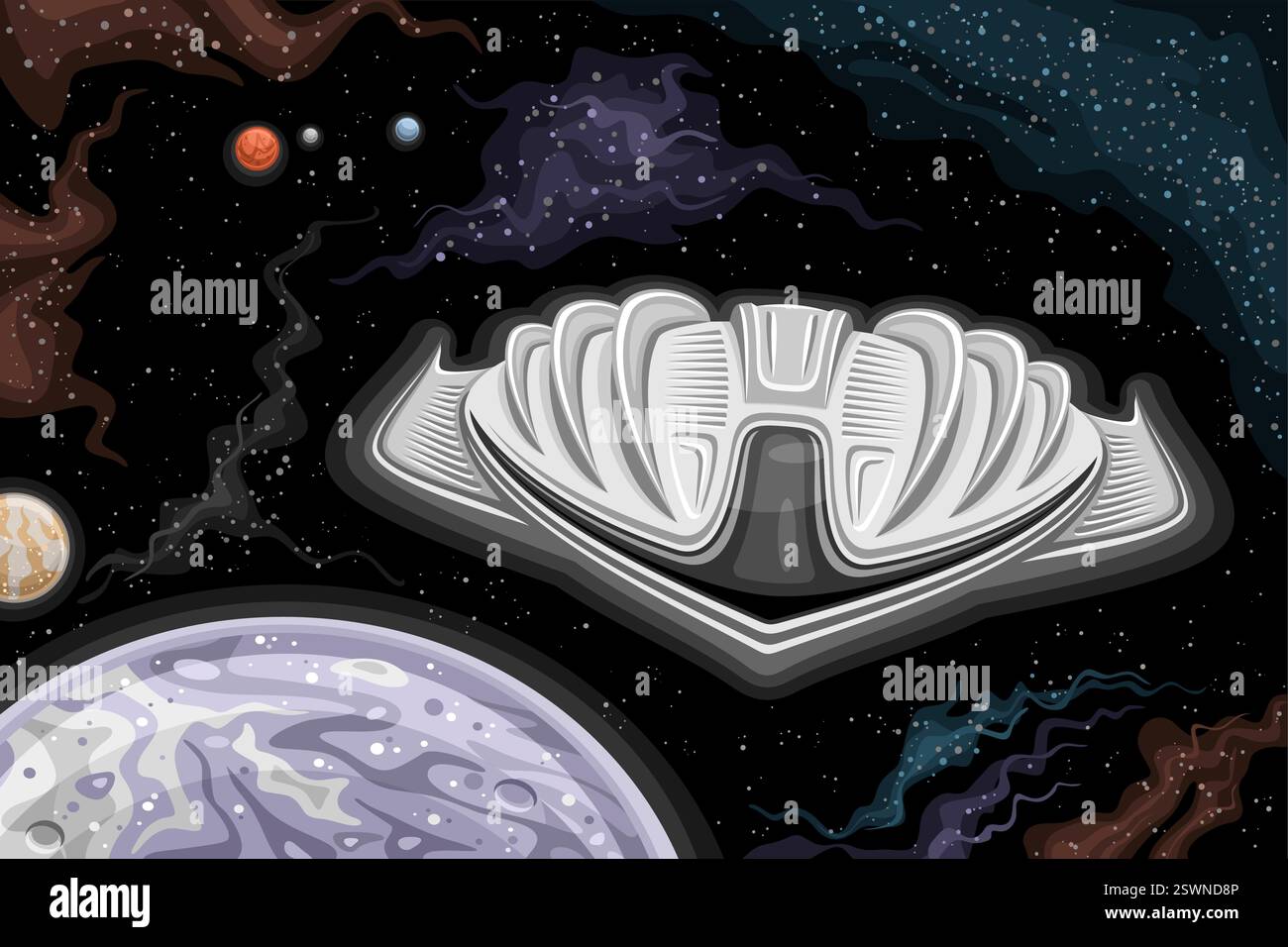 Carta vettoriale con ricerca Space Ship, poster orizzontale astronomico con disegno cartoon nave spaziale grigia strana, volo nello spazio profondo, interstellare c Illustrazione Vettoriale