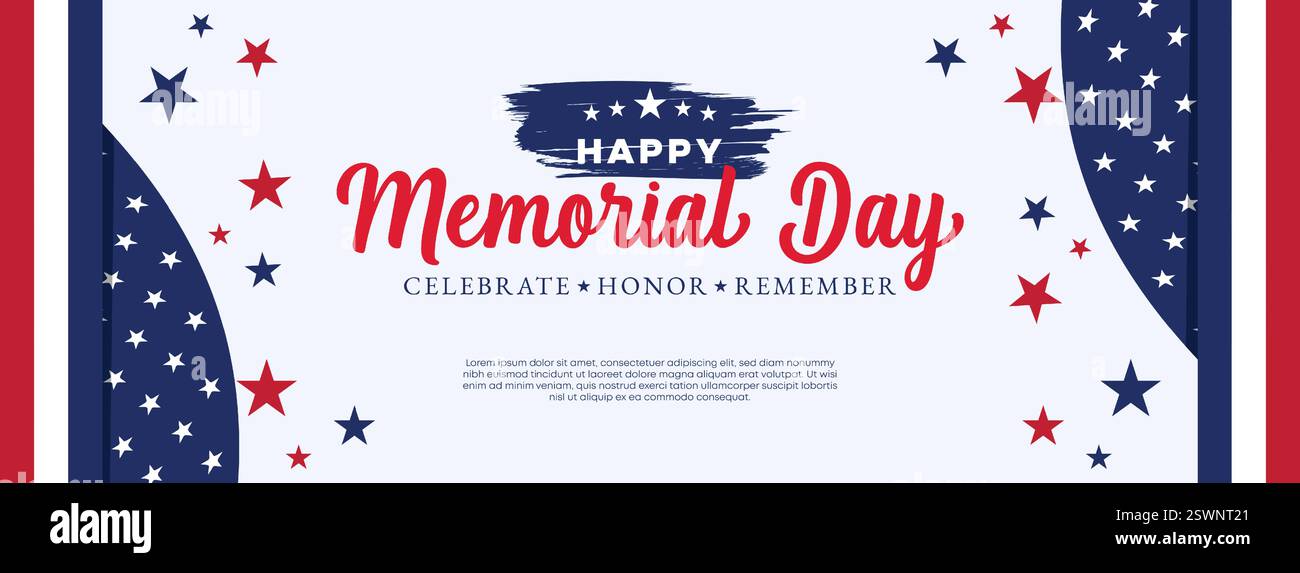 Informazioni sul Web Banner per il Patriotic Memorial Day. Il design delle intestazioni Web per le feste del Memorial Day è perfetto per la pubblicità e il marketing aziendale Illustrazione Vettoriale