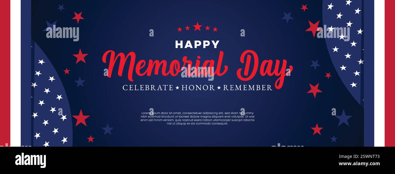 Informazioni sul Web Banner per il Patriotic Memorial Day. Il design delle intestazioni Web per le feste del Memorial Day è perfetto per la pubblicità e il marketing aziendale Illustrazione Vettoriale