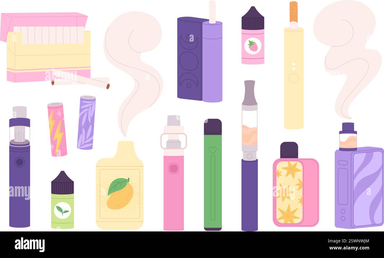 Set di vaping. Sigarette elettroniche, bottiglie con liquido speciale per fumare, vapori. Accessori diversi, cattive abitudini e dipendenza. Sigaretta elettronica, razzia Illustrazione Vettoriale