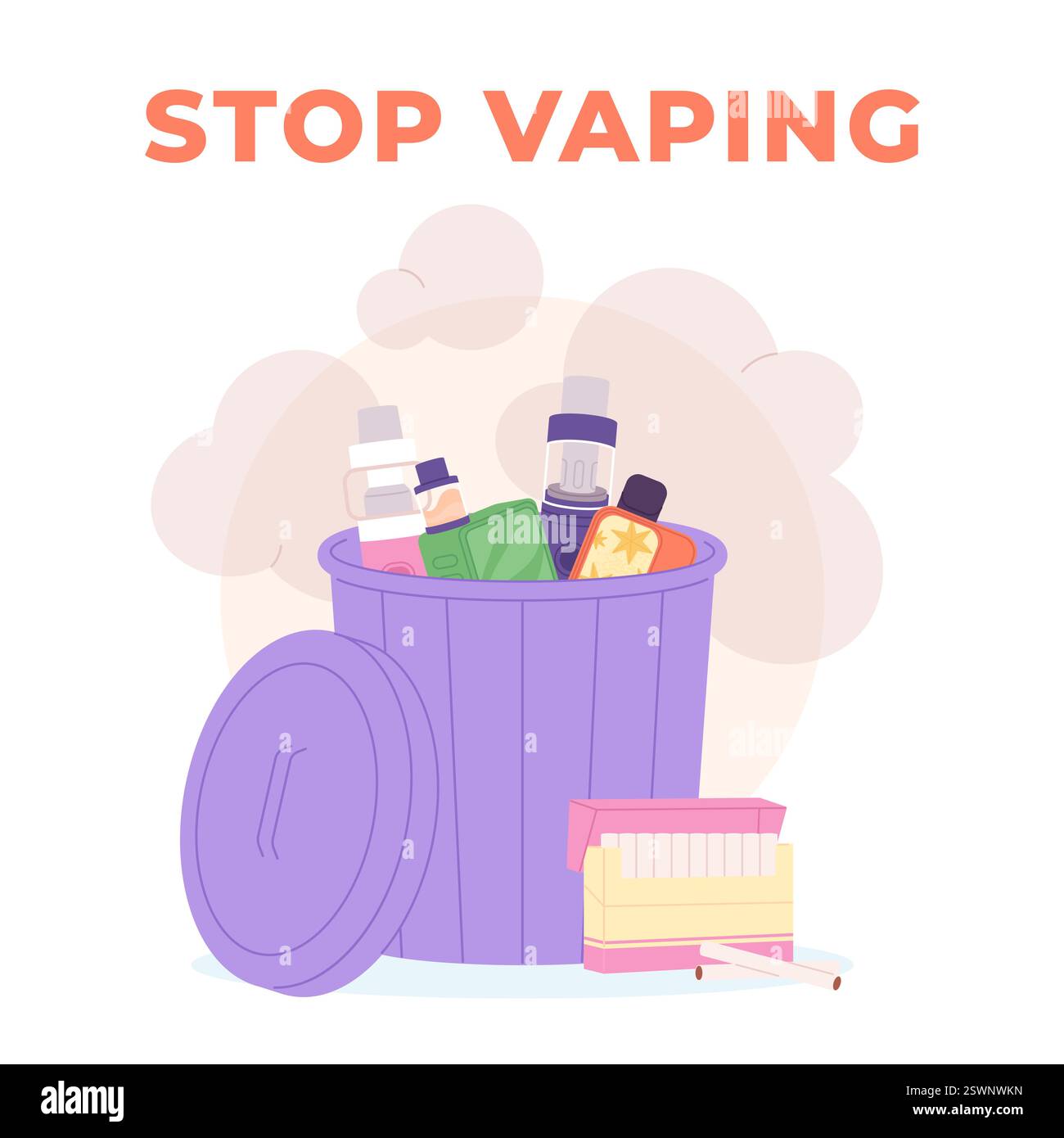 Interrompere la vaporizzazione. Smettere di fumare, strumenti di svapo e accessori nei rifiuti. Sigarette elettroniche, bottiglie con liquido per fumo nella spazzatura. Cura di sé, vita pulita Illustrazione Vettoriale