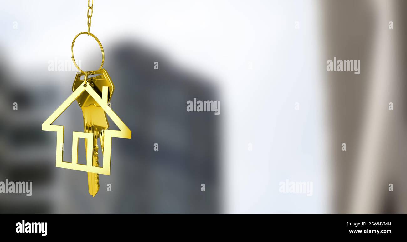 Immagine del portachiavi della casa dorata su sfondo sfocato del paesaggio urbano Foto Stock