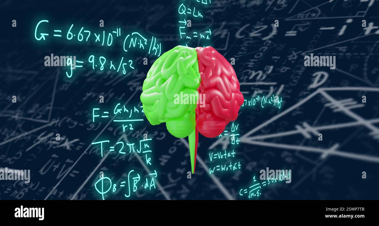 Modello cerebrale con equazioni matematiche su sfondo scuro Foto Stock