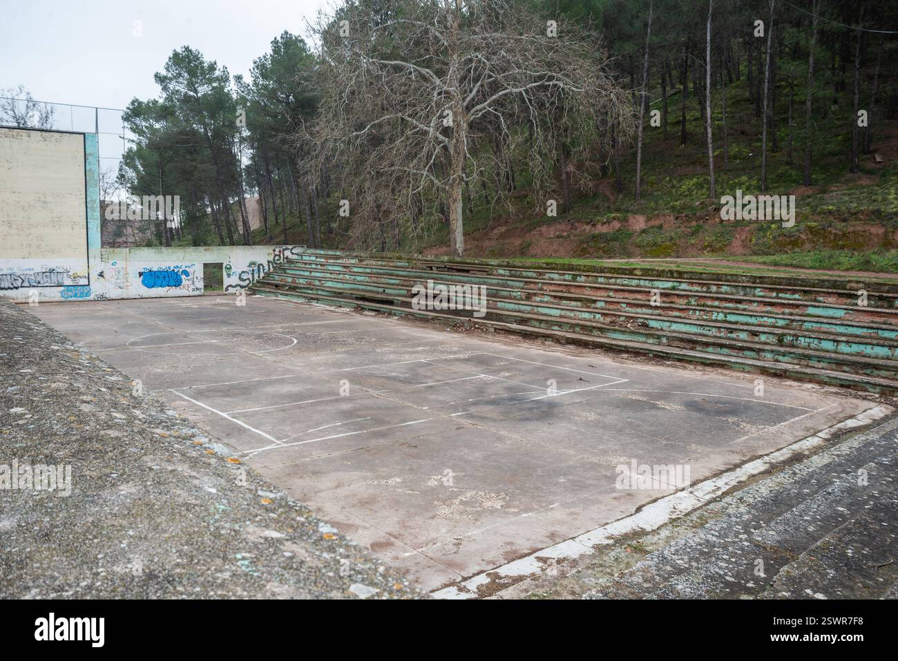 Najera, la Rioja, Spagna 22 febbraio 2024. La situazione nel campo di calcio municipale di Nájera ha generato crescenti tensioni tra il club locale e il consiglio comunale. Le carenze nella manutenzione delle strutture, compresi i problemi relativi al campo, agli spogliatoi e alle attrezzature di base, hanno portato a ripetute lamentele da parte di giocatori, allenatori e tifosi. Il club sostiene che le condizioni attuali ostacolano il normale sviluppo di sessioni di allenamento e partite, in particolare influenzando le categorie inferiori. Da parte sua, il consiglio comunale sostiene limitazioni di bilancio e sottolinea che CE ne sono altre Foto Stock