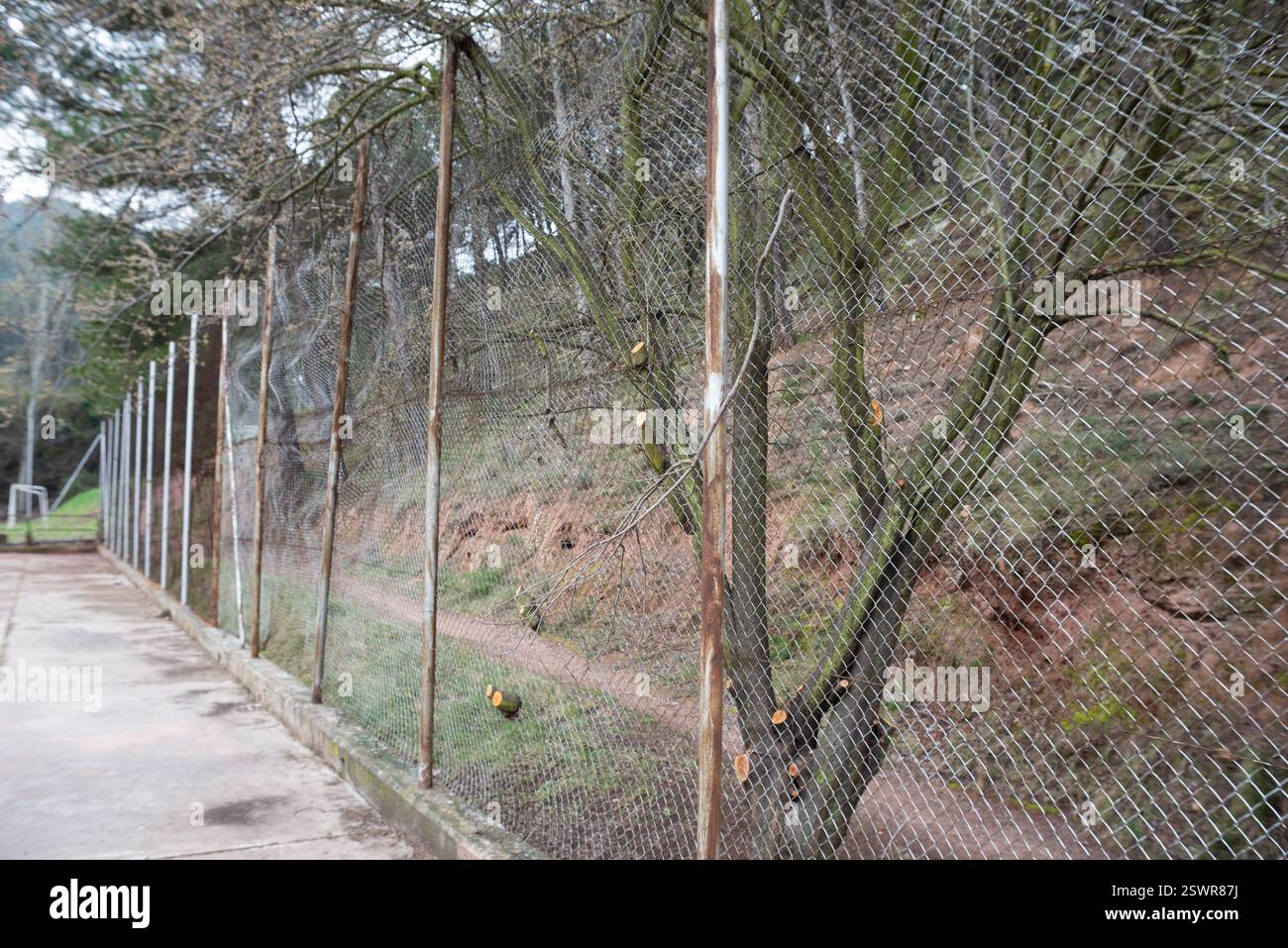 Najera, la Rioja, Spagna 22 febbraio 2024. La situazione nel campo di calcio municipale di Nájera ha generato crescenti tensioni tra il club locale e il consiglio comunale. Le carenze nella manutenzione delle strutture, compresi i problemi relativi al campo, agli spogliatoi e alle attrezzature di base, hanno portato a ripetute lamentele da parte di giocatori, allenatori e tifosi. Il club sostiene che le condizioni attuali ostacolano il normale sviluppo di sessioni di allenamento e partite, in particolare influenzando le categorie inferiori. Da parte sua, il consiglio comunale sostiene limitazioni di bilancio e sottolinea che CE ne sono altre Foto Stock