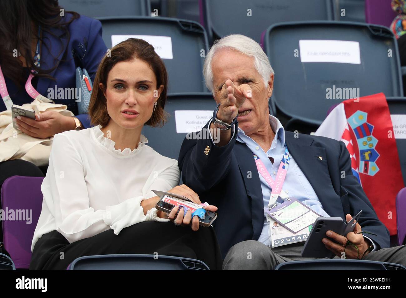 26 luglio 2024 - Parigi, Francia: Il presidente del Comitato Olimpico Nazionale Italiano Giovanni Malago e la figlia Vittoria Malagò partecipano all'Openi Foto Stock