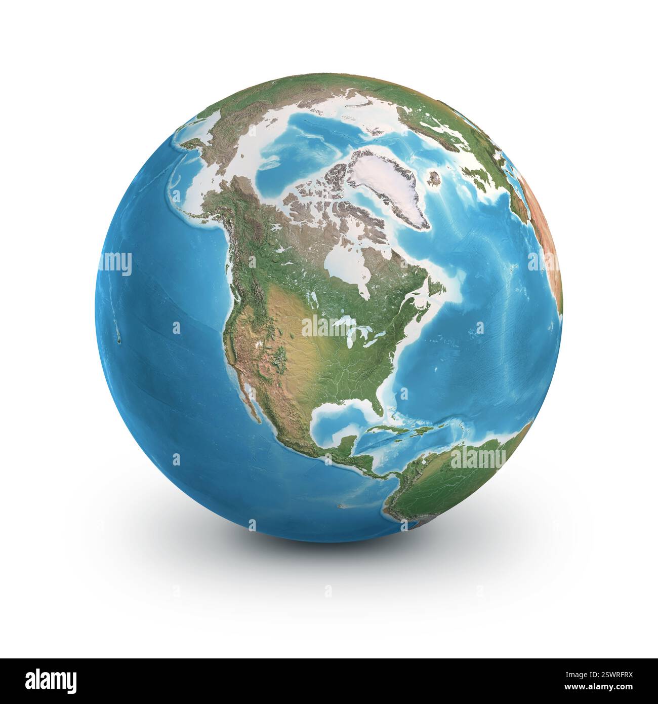 Globo fisico dettagliato focalizzato su America e Groenlandia, Stati Uniti Canada. Pianeta Terra, isolato sul bianco - illustrazione 3D, elementi di questa immagine furnis Foto Stock