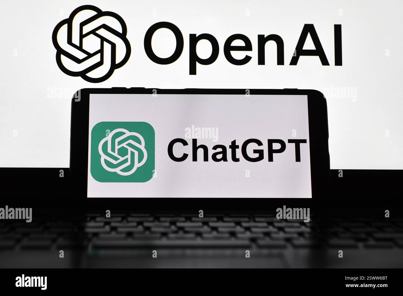 Leopoli, Ucraina 22 febbraio 2025. In questa illustrazione fotografica, un logo ChatGPT viene visualizzato su uno smartphone con un logo in OpenAI sullo sfondo. OpenAI continua a far progredire le proprie tecnologie di intelligenza artificiale, con strumenti utilizzati in vari settori per migliorare la produttività e l'innovazione. Foto Stock