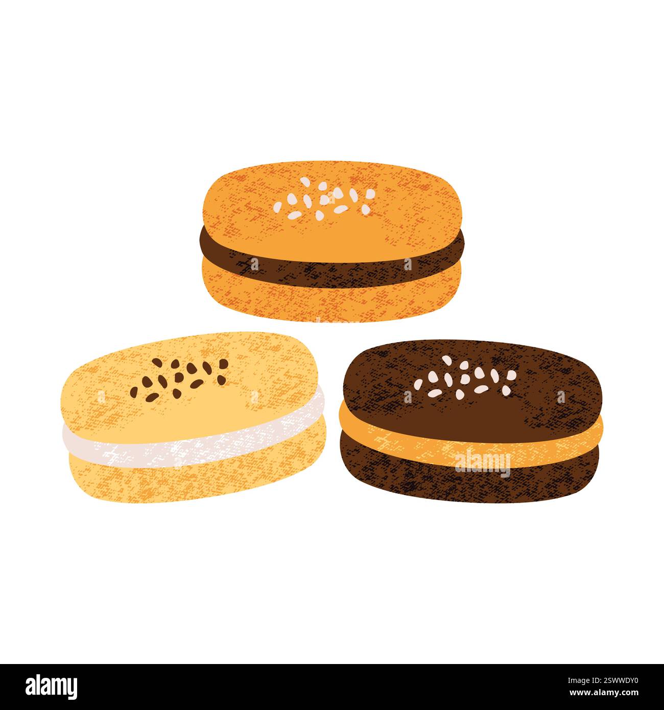 Delizioso dessert di macaron. Pasta di macaron dolce francese, assortimento di biscotti di meringa ripieni di crema di cioccolato. Snack da forno cartoni animati. Vettore Illustrazione Vettoriale