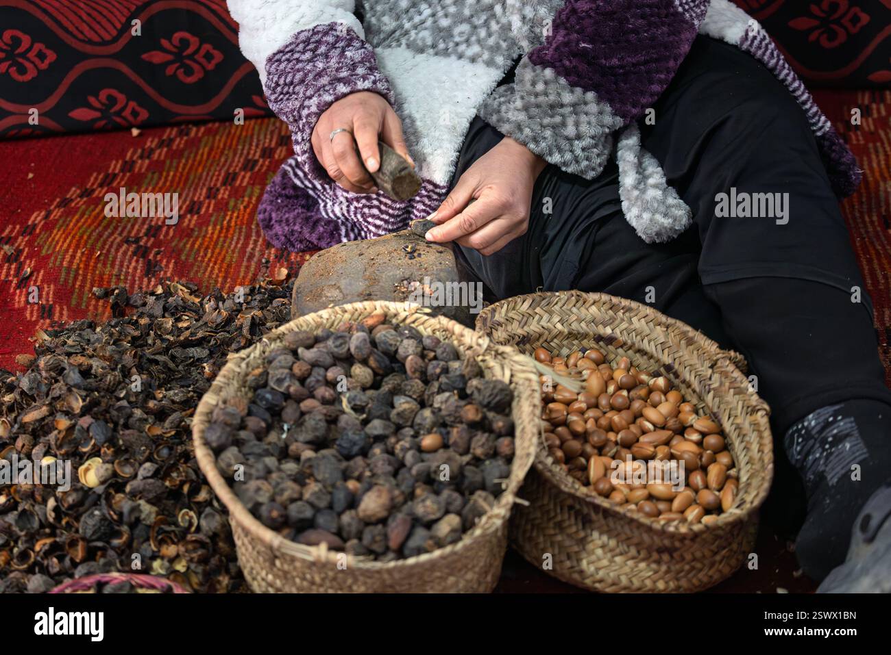 Produzione tradizionale di olio di Argan ad Amtsitane, Marocco. Foto Stock