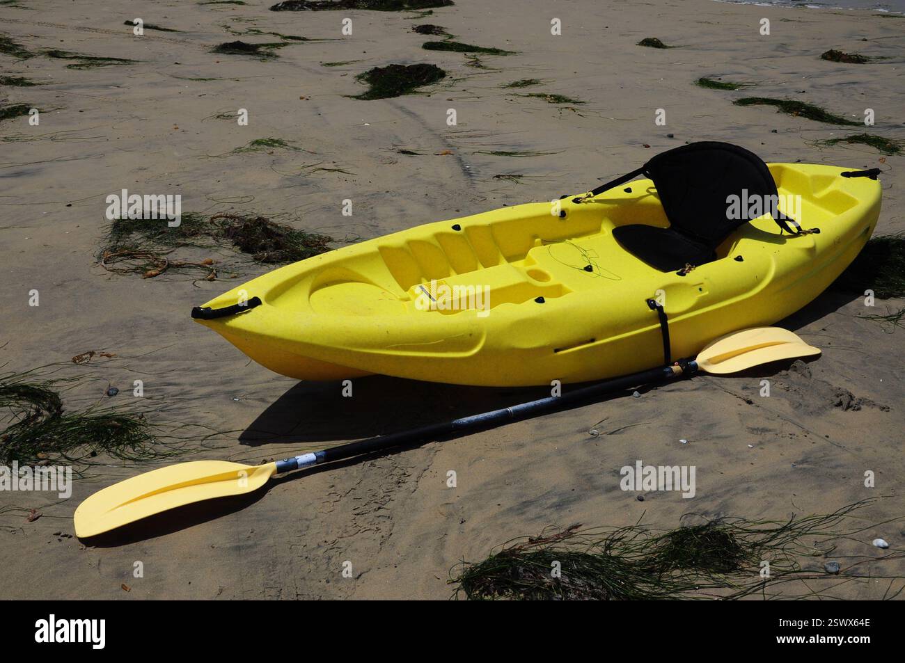 Un vivace kayak giallo si trova sulla spiaggia sabbiosa, pronto per un'avventura in mare. Foto Stock