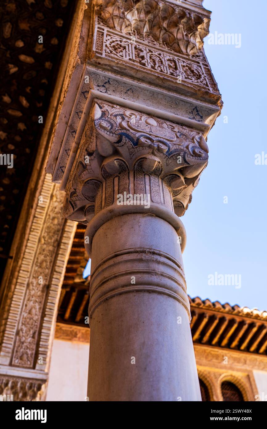 Squisita colonna di marmo e capitale ornata nella Corte dei mirti, Alhambra - artigianato Nasridi ed eleganza andalusa Foto Stock