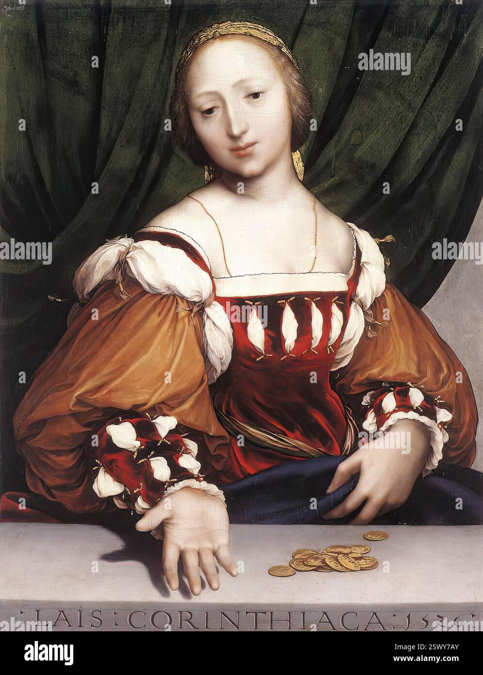 HOLBEIN, Hans il giovane (1497, Augusta, 1543, Londra) Lais di Corinto 1526 Limewood, 34,6 x 26,8 cm Kunstmuseum, Öffentliche Kunstsammlung, Basle Lais di Corinto era un'etaira nell'antica Grecia famosa per la sua bellezza abbagliante e il suo prezzo elevato. La bellezza ben formata ed elegantemente proporzionata della figura nel pannello parla da sé; le monete d'oro e la mano destra allungate verso lo spettatore attirano l'attenzione sul pagamento che la donna si aspetta per i suoi servizi. Se la cortigiana deve essere equiparata ai Lais che sedevano per, ed era l'amante di, il più noto Foto Stock