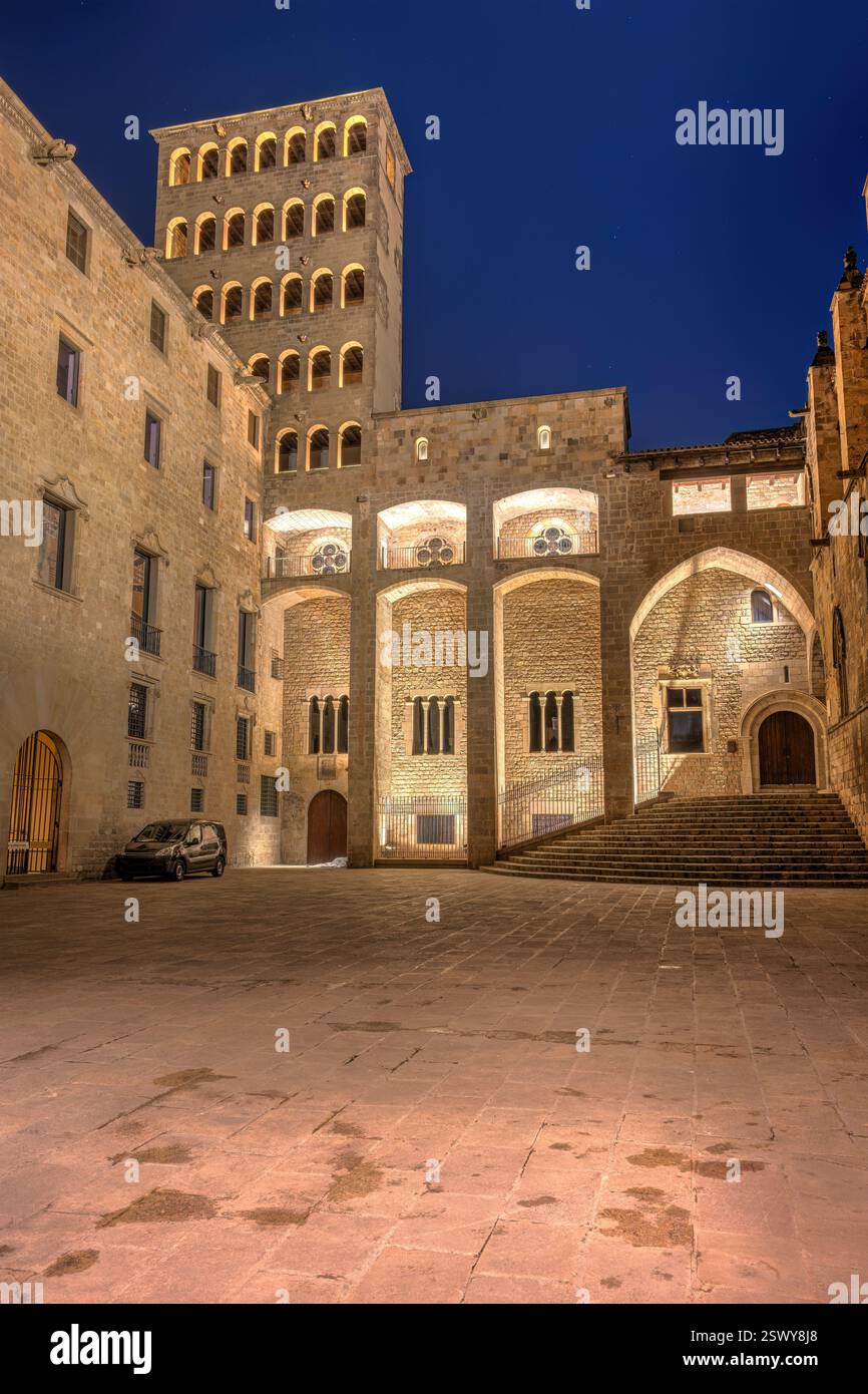 Plaza del Rey nel quartiere Gotico di Barcellona di notte Foto Stock