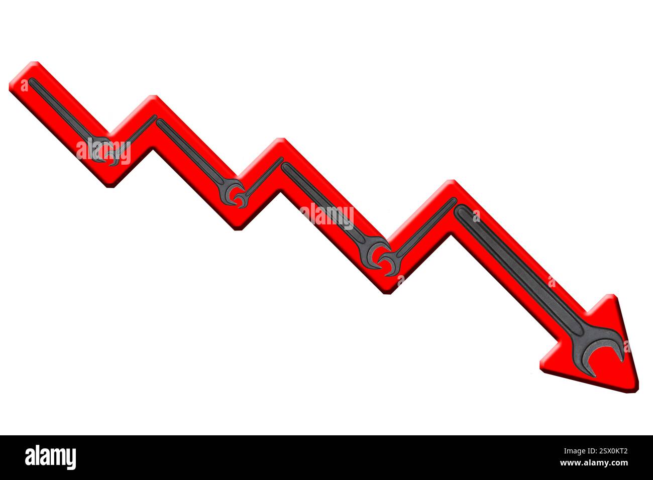Economia in declino. Una freccia rossa scende verso il basso, piena di chiavi, simbolo della flessione dell'artigianato e dell'industria. Foto Stock