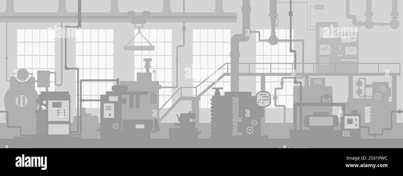 Zona industriale. Produzione di fabbrica, linea industriale, scenario di impianti interni Illustrazione Vettoriale
